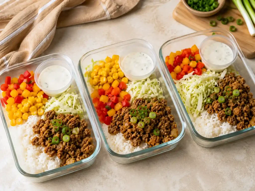 Meal prep containers filled with ground turkey rice bowls and sauce on the side