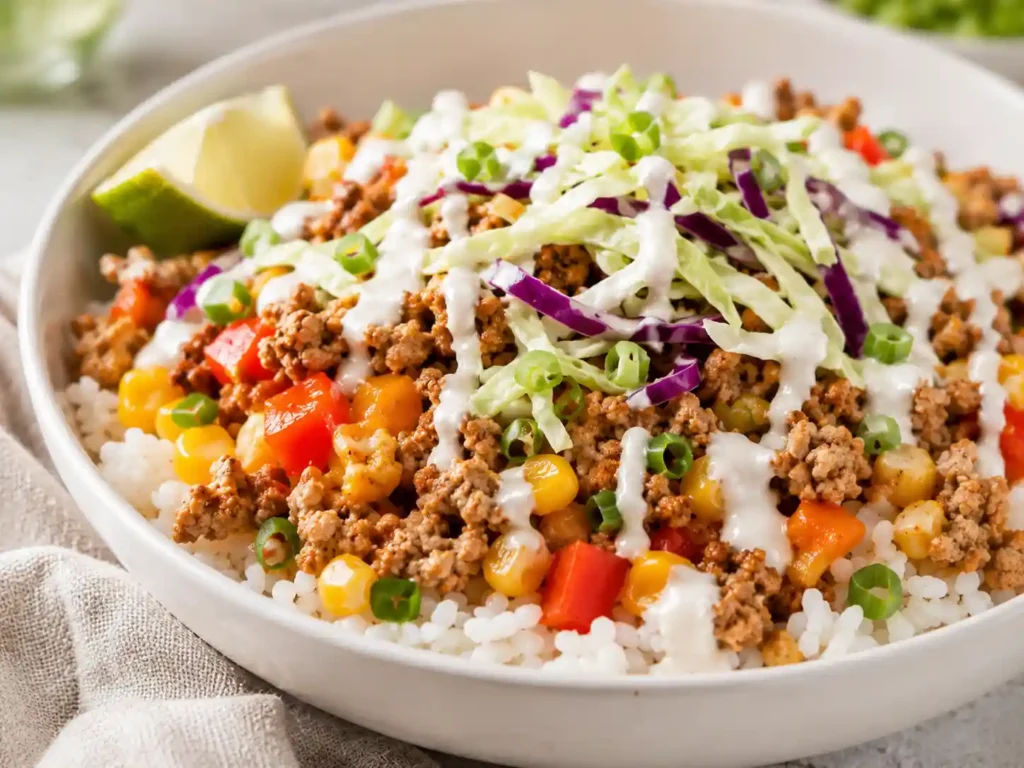 Close-up of ground turkey rice bowl showing fluffy rice, seasoned turkey, vegetables, and creamy sauce