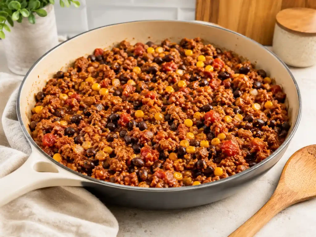 Seasoned ground turkey cooking in a skillet with black beans, corn, salsa, and taco spices for turkey taco rice bowls.