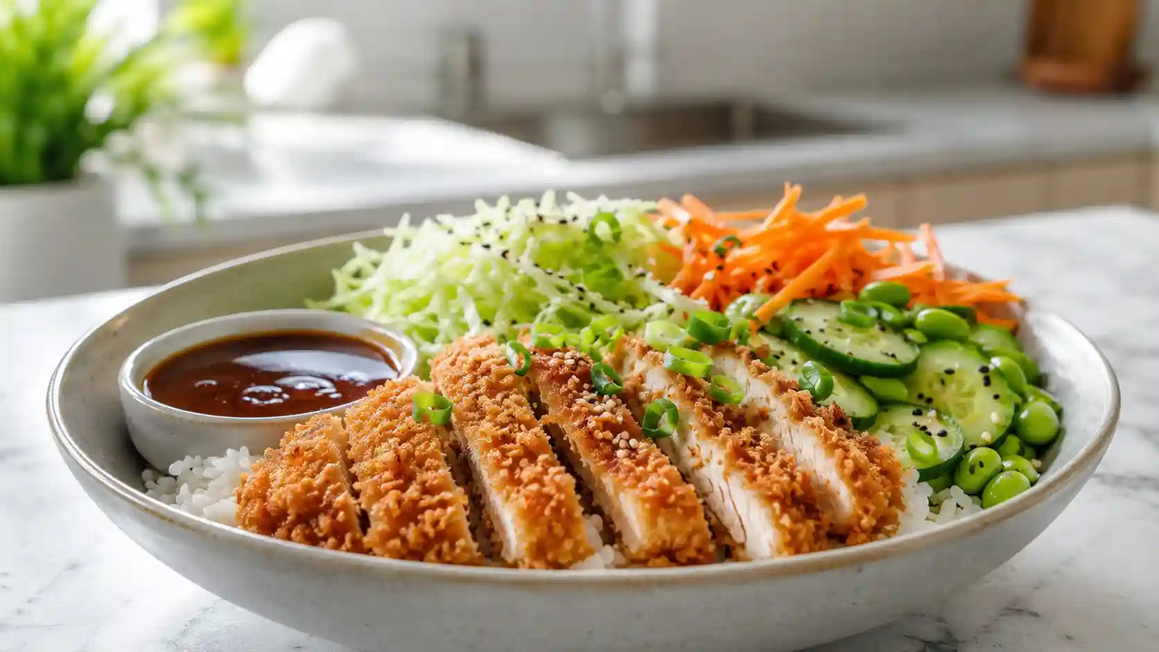 Healthy chicken katsu bowl with crispy panko chicken, rice, cabbage, cucumber, carrots, edamame, green onions, sesame seeds, and katsu-style sauce