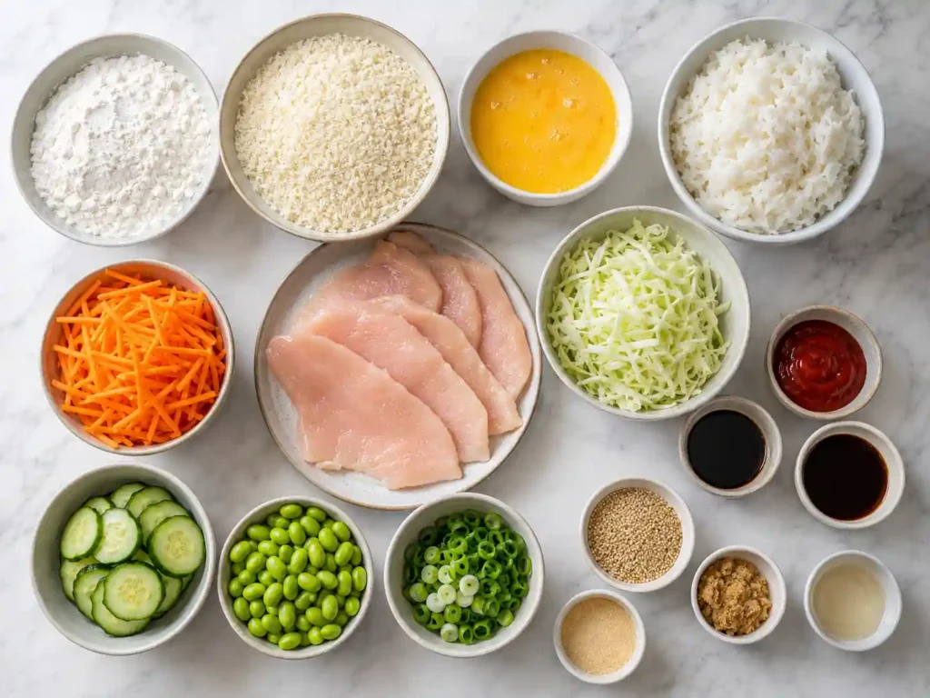 Ingredients for healthy chicken katsu bowl including chicken, panko, flour, eggs, rice, cabbage, carrots, cucumber, edamame, green onions, sesame seeds, and sauce