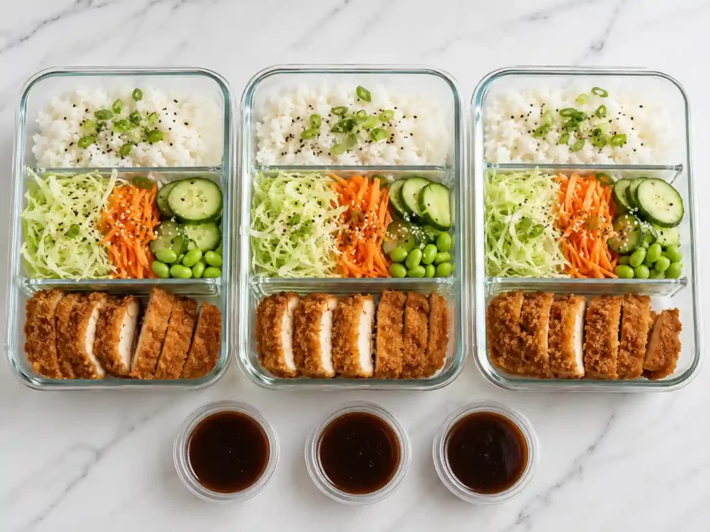 Meal prep containers with rice, vegetables, crispy chicken katsu stored separately, and small sauce cups on the side