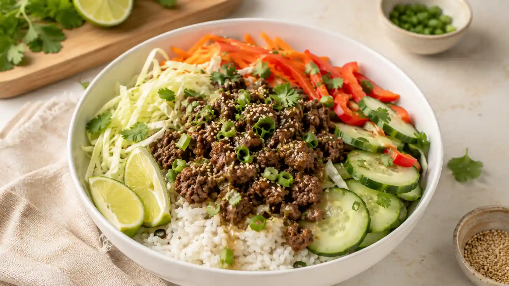 Healthy ground beef rice bowl with rice, seasoned beef, cabbage, carrot, bell pepper, cucumber, green onions, lime, and sesame seeds.