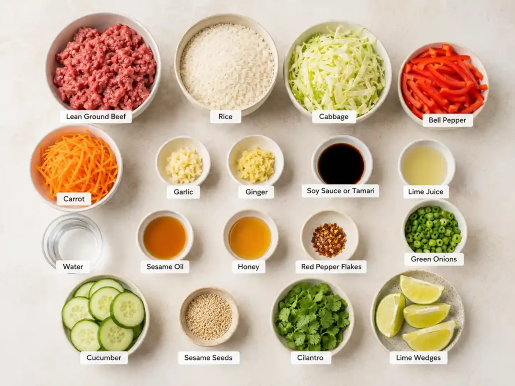 Labeled ingredients for a healthy ground beef rice bowl including rice, lean ground beef, cabbage, carrot, bell pepper, garlic, ginger, soy sauce, lime, and toppings.