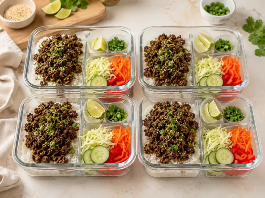Ground beef rice bowl meal prep containers with rice, beef, vegetables, cucumber, green onions, lime, and toppings packed separately.