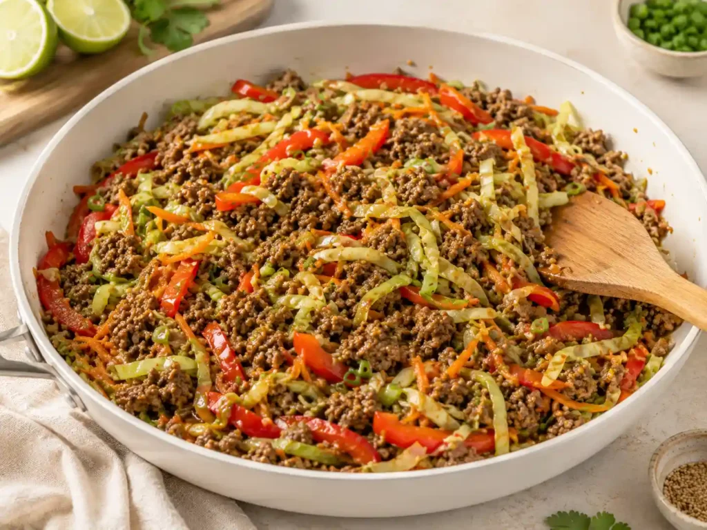 Ground beef and vegetables cooking in a skillet with cabbage, carrot, bell pepper, garlic, ginger, and sauce.