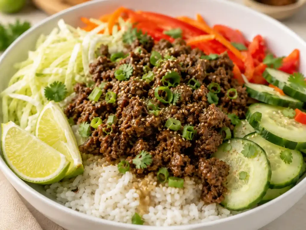 Close-up of a healthy ground beef rice bowl with saucy beef, fluffy rice, cabbage, carrot, cucumber, green onions, lime, and sesame seeds.