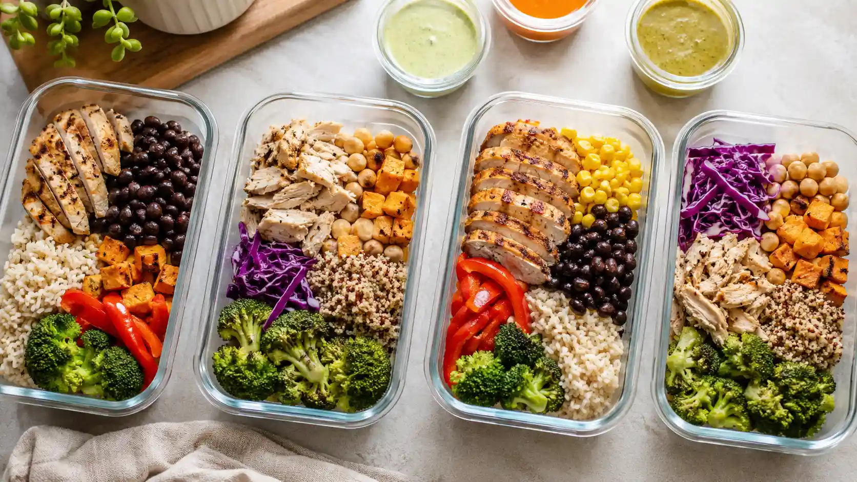 High fiber high protein meal prep bowls with chicken, beans, rice, vegetables, and sauce cups.