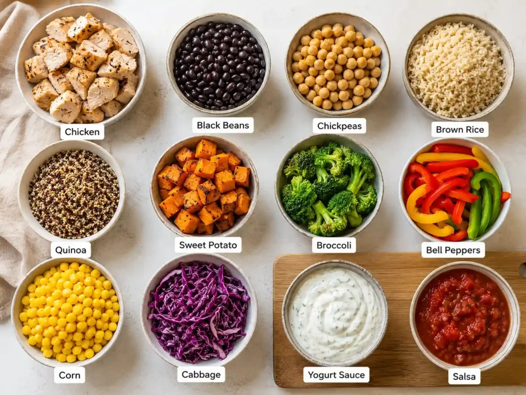 Labeled ingredients for high fiber high protein meal prep bowls including chicken, beans, quinoa, vegetables, and sauce.