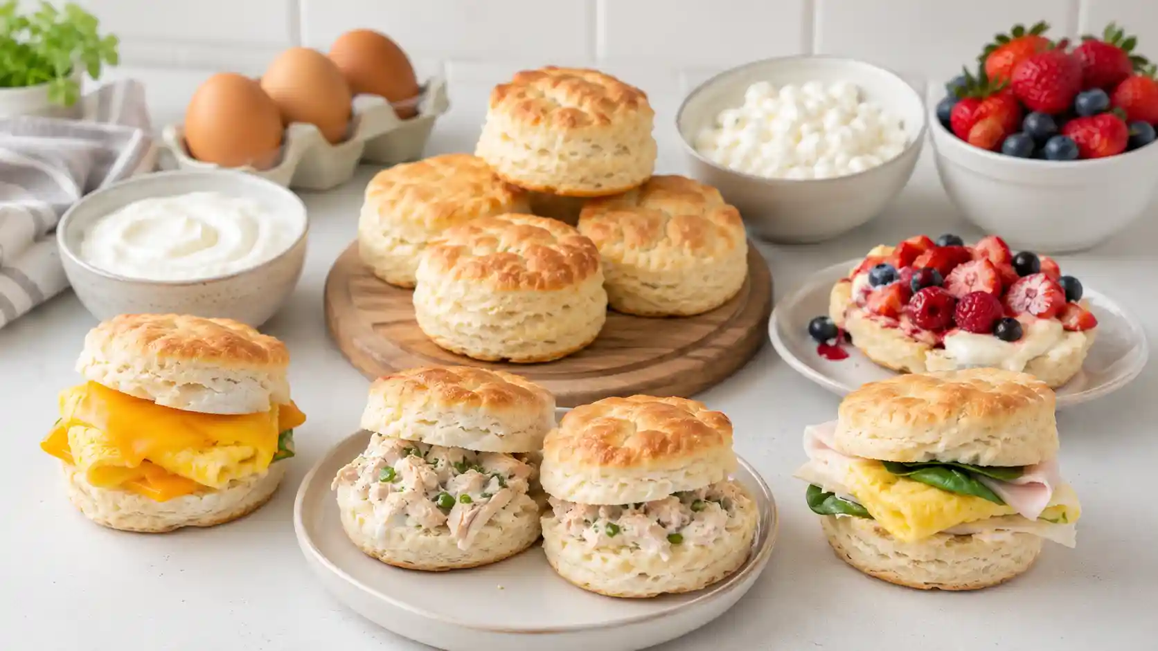 High protein biscuit breakfast and snack ideas with eggs turkey Greek yogurt and berries
