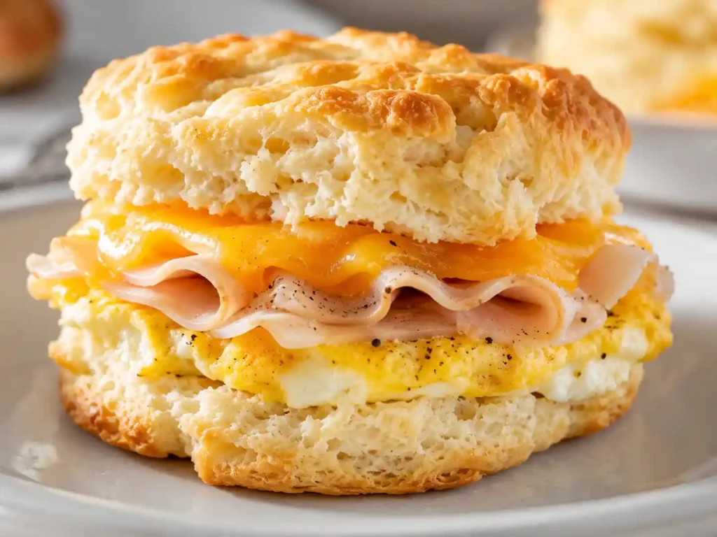 Close-up of fluffy high protein biscuit sandwich with egg turkey and melted cheese
