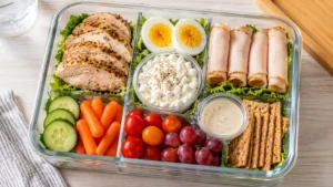 High protein cold lunch box with chicken, eggs, turkey roll-ups, vegetables, cottage cheese, and crackers
