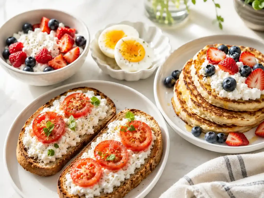 Cottage cheese breakfast ideas with toast, eggs, pancakes, and berries