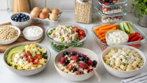High protein cottage cheese meal prep bowls with eggs, berries, vegetables, and pasta ideas