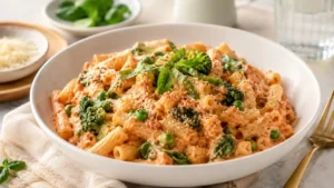 High protein cottage cheese pasta in a white bowl with creamy marinara sauce, vegetables, parmesan, and herbs