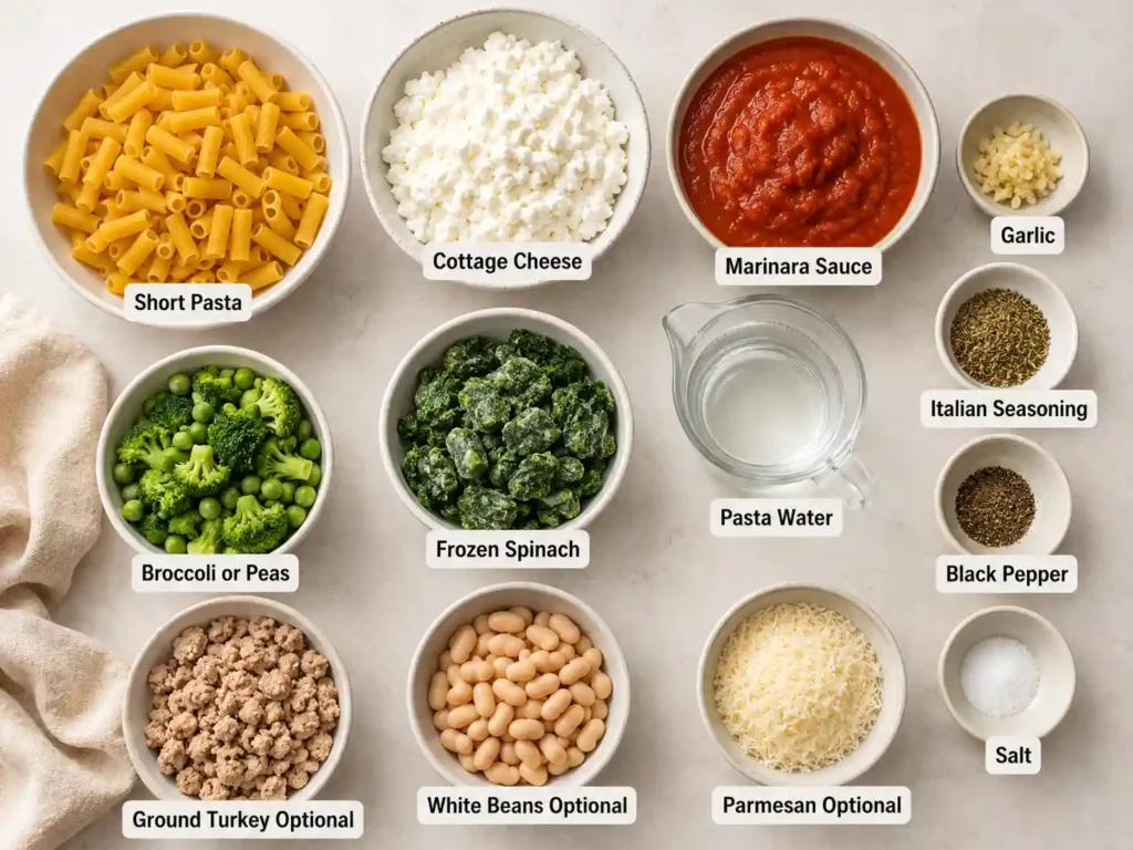 Labeled ingredients for high protein cottage cheese pasta with short pasta, cottage cheese, marinara, garlic, spinach, vegetables, ground turkey, white beans, and parmesan