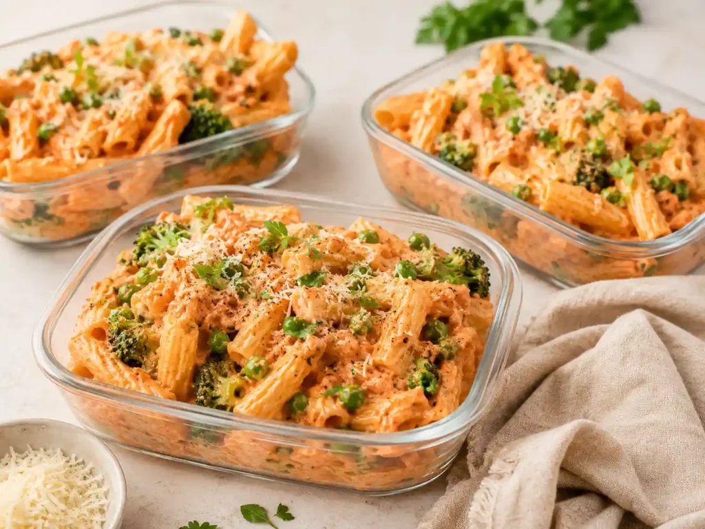 High protein cottage cheese pasta with ground turkey and spinach portioned into meal prep containers