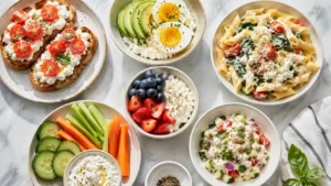High protein cottage cheese recipes with toast, eggs, pasta, berries, and snack bowls