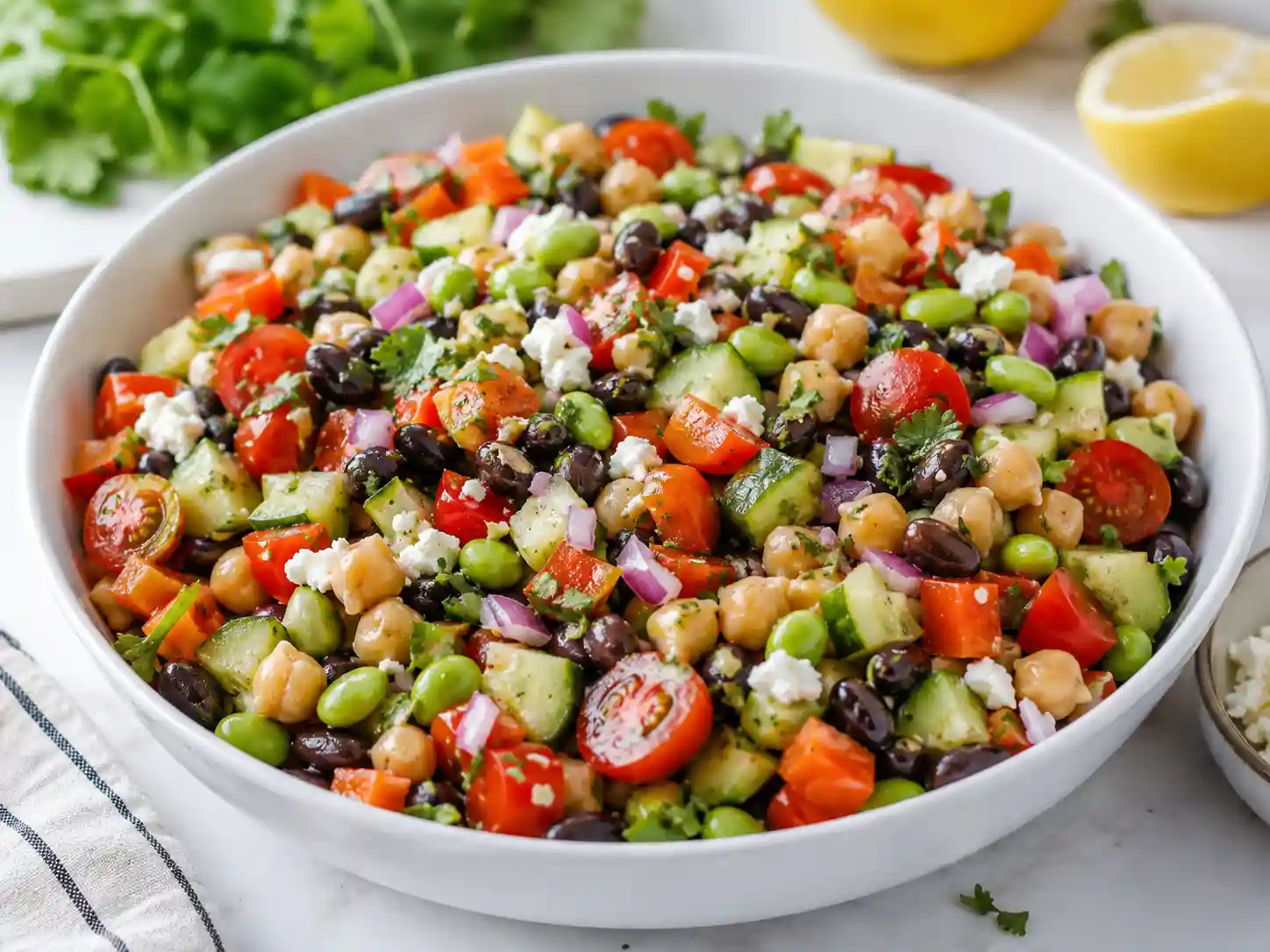 High protein dense bean salad with chickpeas, black beans, edamame, cucumber, tomatoes, herbs, and lemon dressing