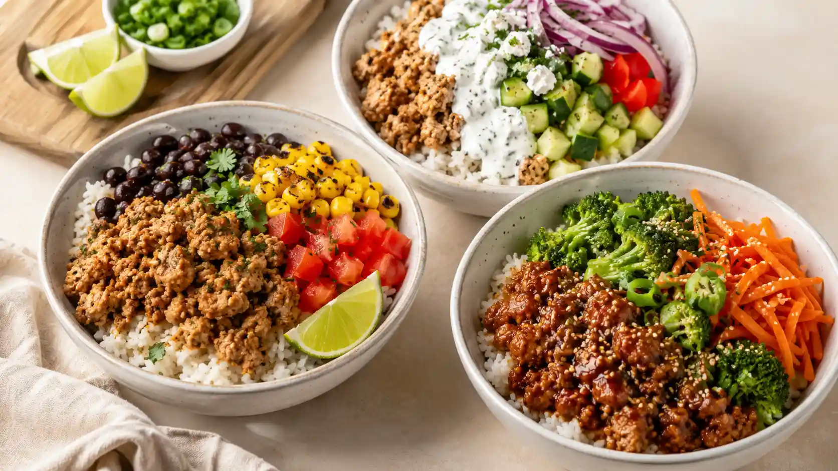 High protein ground chicken bowls with rice, vegetables, sauces, and fresh toppings.