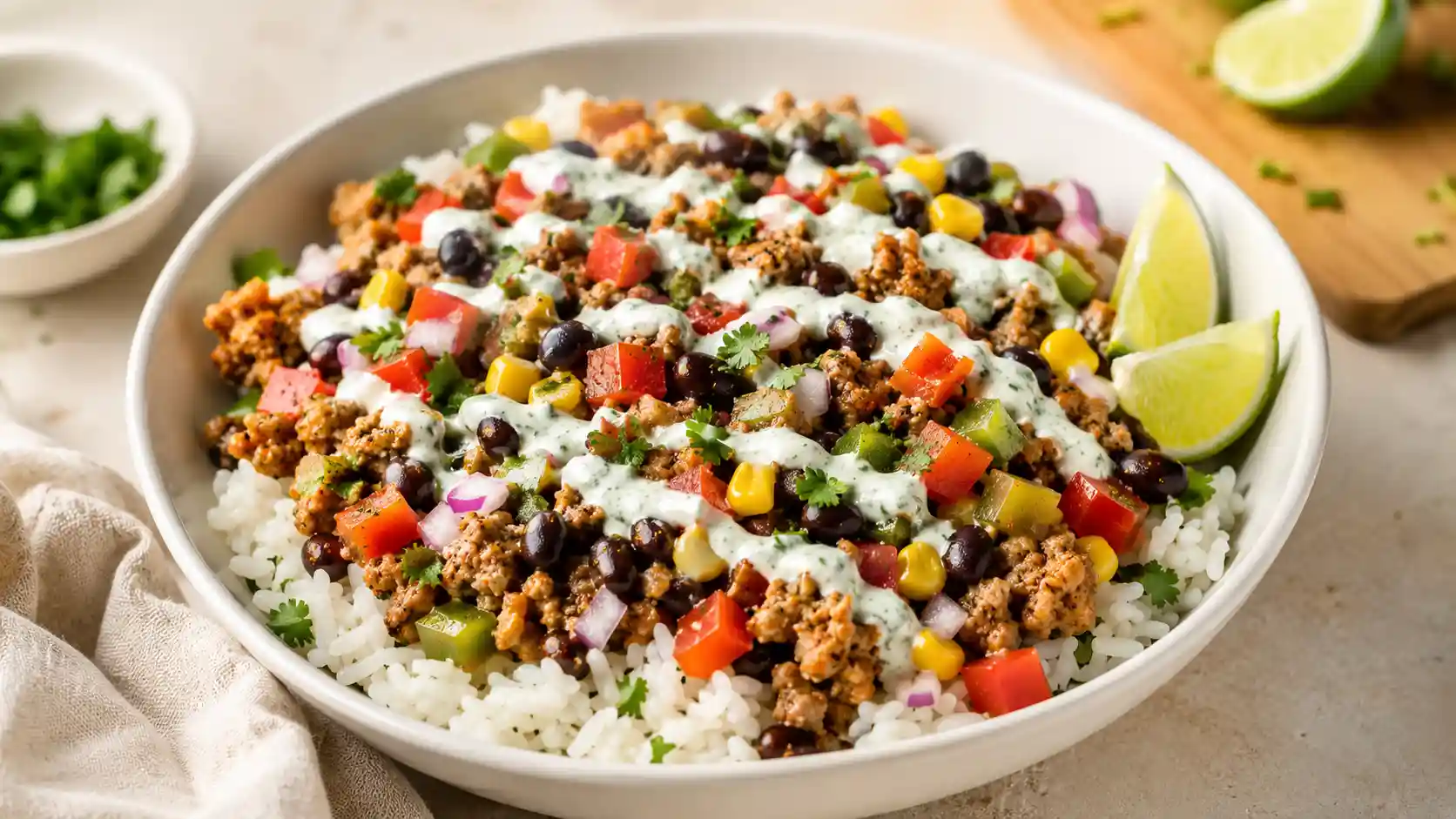 High protein ground turkey bowl with rice, black beans, corn, bell peppers, and yogurt lime sauce.