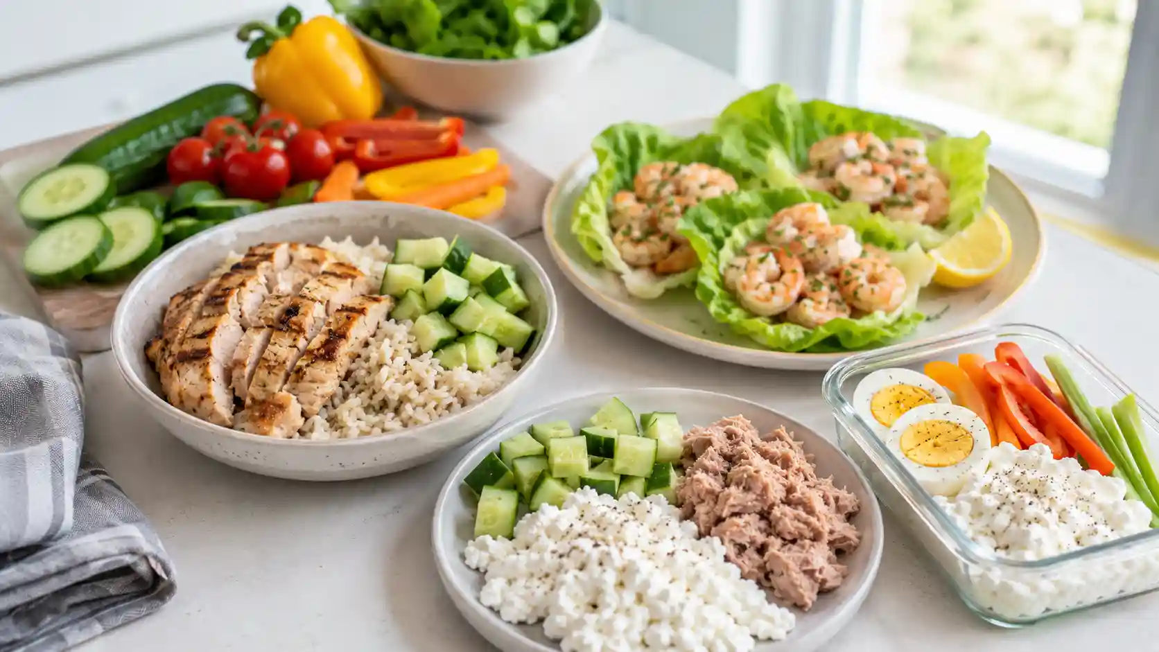 High protein low calorie lunch ideas with chicken bowl, tuna cucumber plate, egg protein box, and shrimp lettuce cups