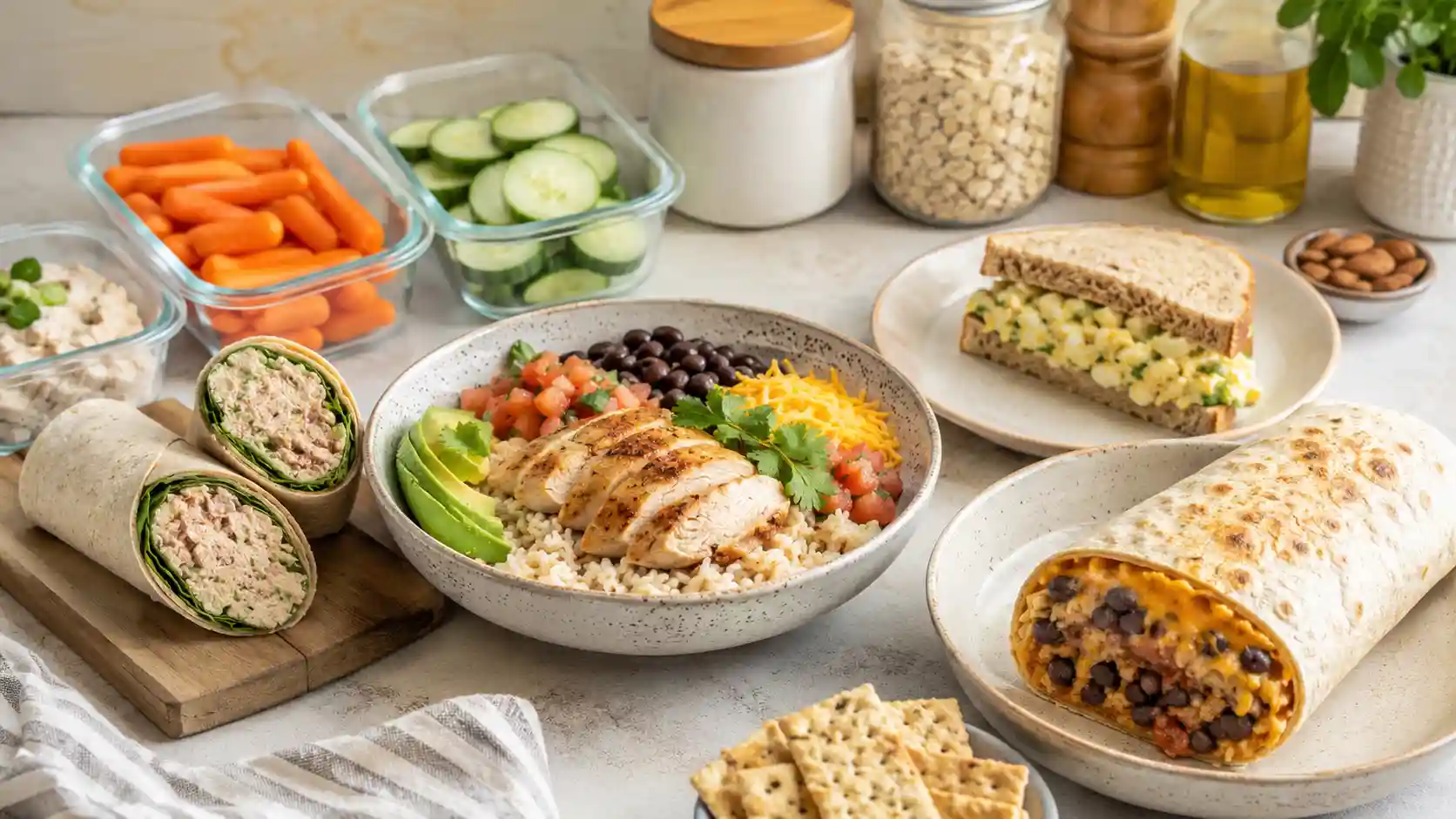 High protein lunch ideas with chicken rice bowl, tuna wrap, egg salad sandwich, bean burrito, and meal prep containers