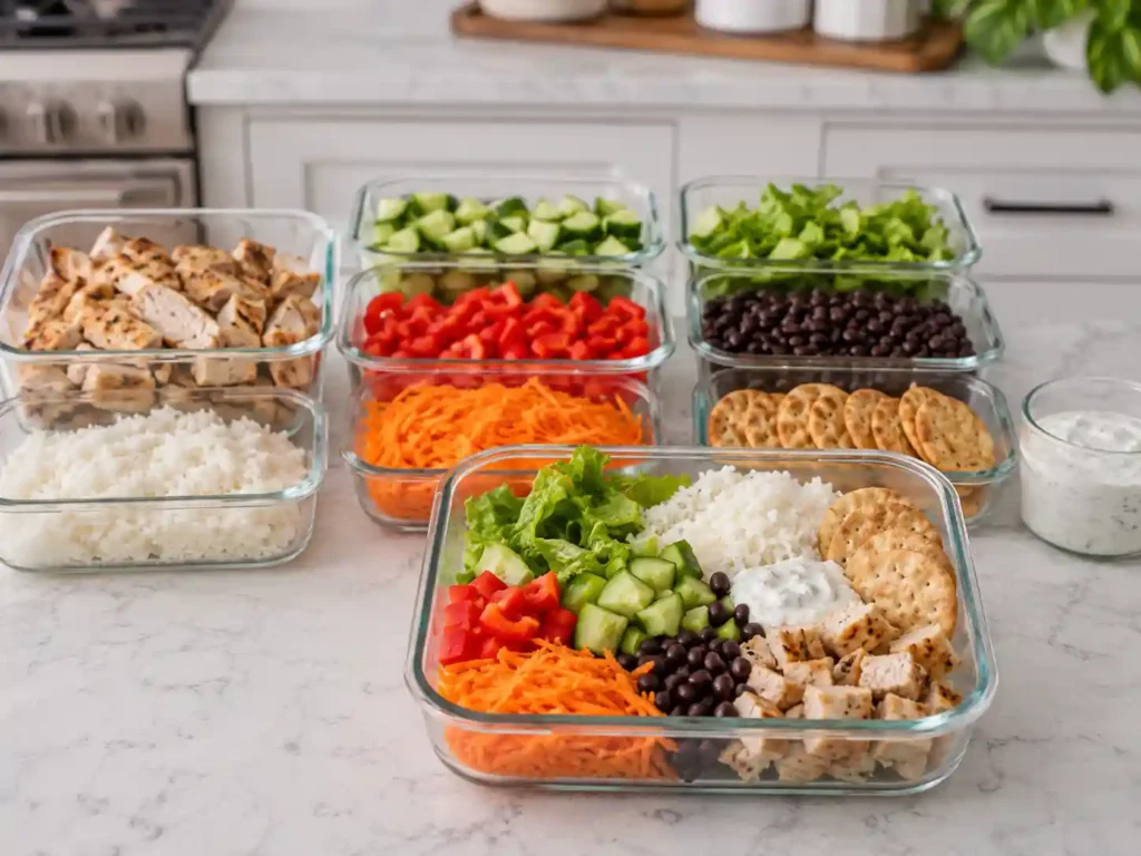 High protein lunch meal prep containers with chicken, rice, beans, vegetables, yogurt sauce, crackers, and lettuce