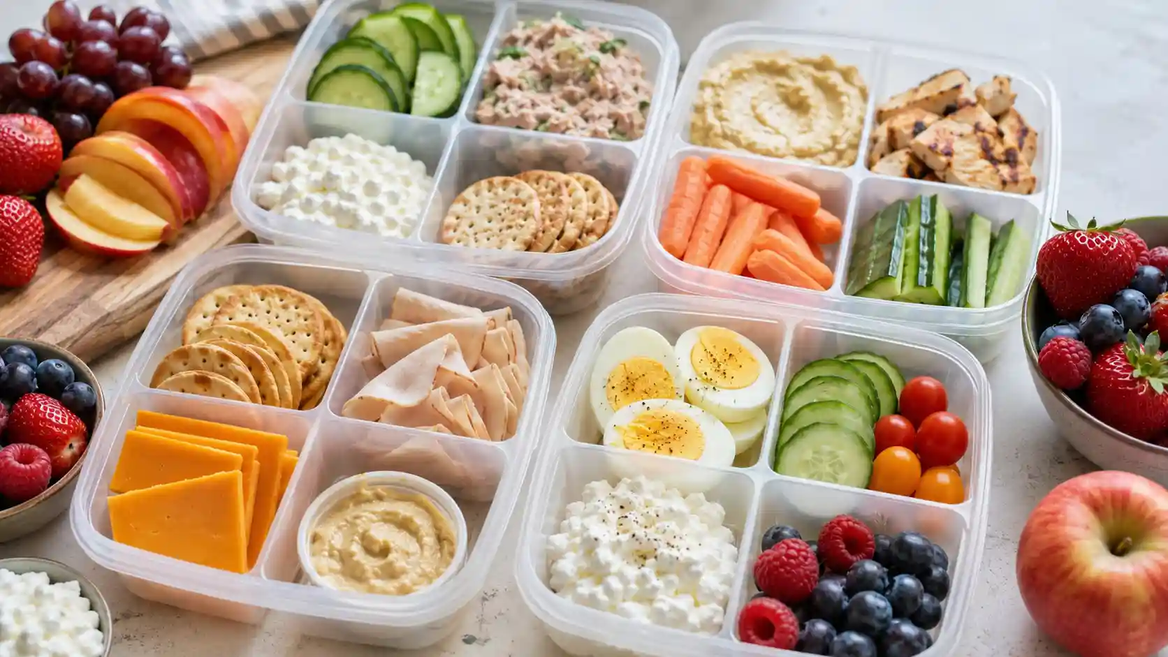 High protein Lunchables for adults with turkey, tuna, eggs, cottage cheese, vegetables, crackers, fruit, and dips