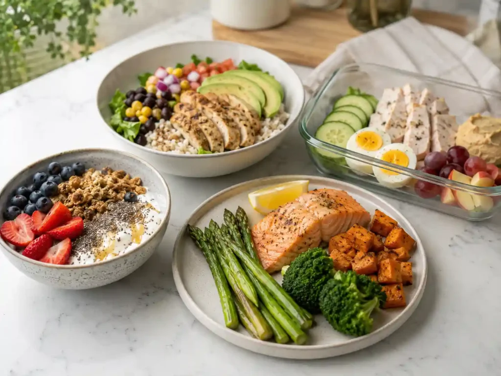 High protein breakfast bowl, lunch bowl, dinner plate, and meal prep container arranged together