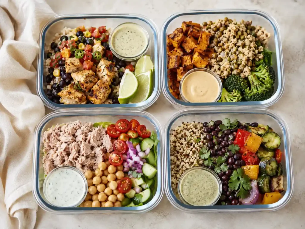 Variety of high protein meal prep bowls with beans, grains, chicken, tuna, vegetables, and sauces.