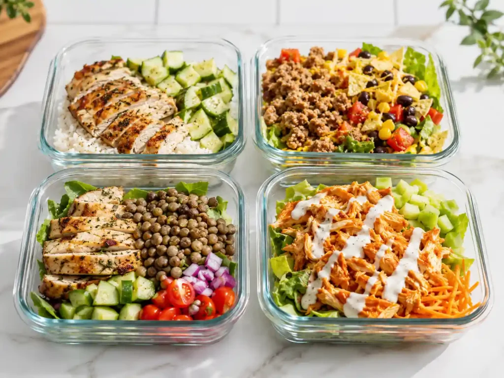 High protein meal prep lunch bowls with chicken, turkey taco salad, lentils, vegetables, and yogurt sauce