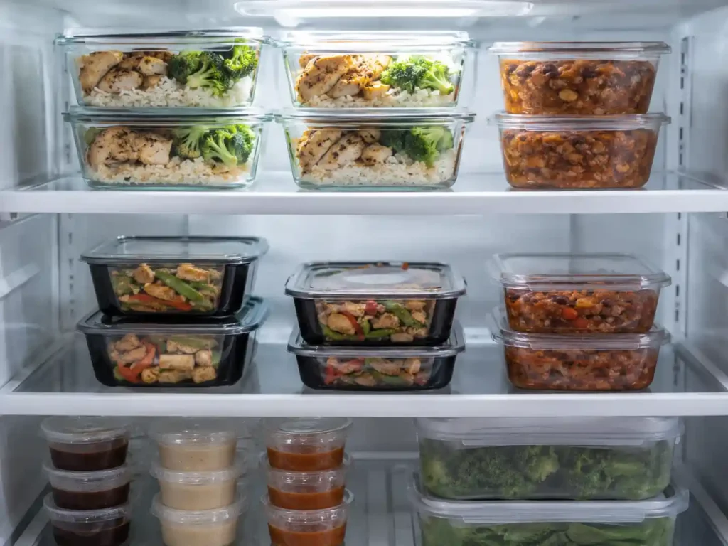 High protein meal prep containers stored in a fridge with sauces kept separate.