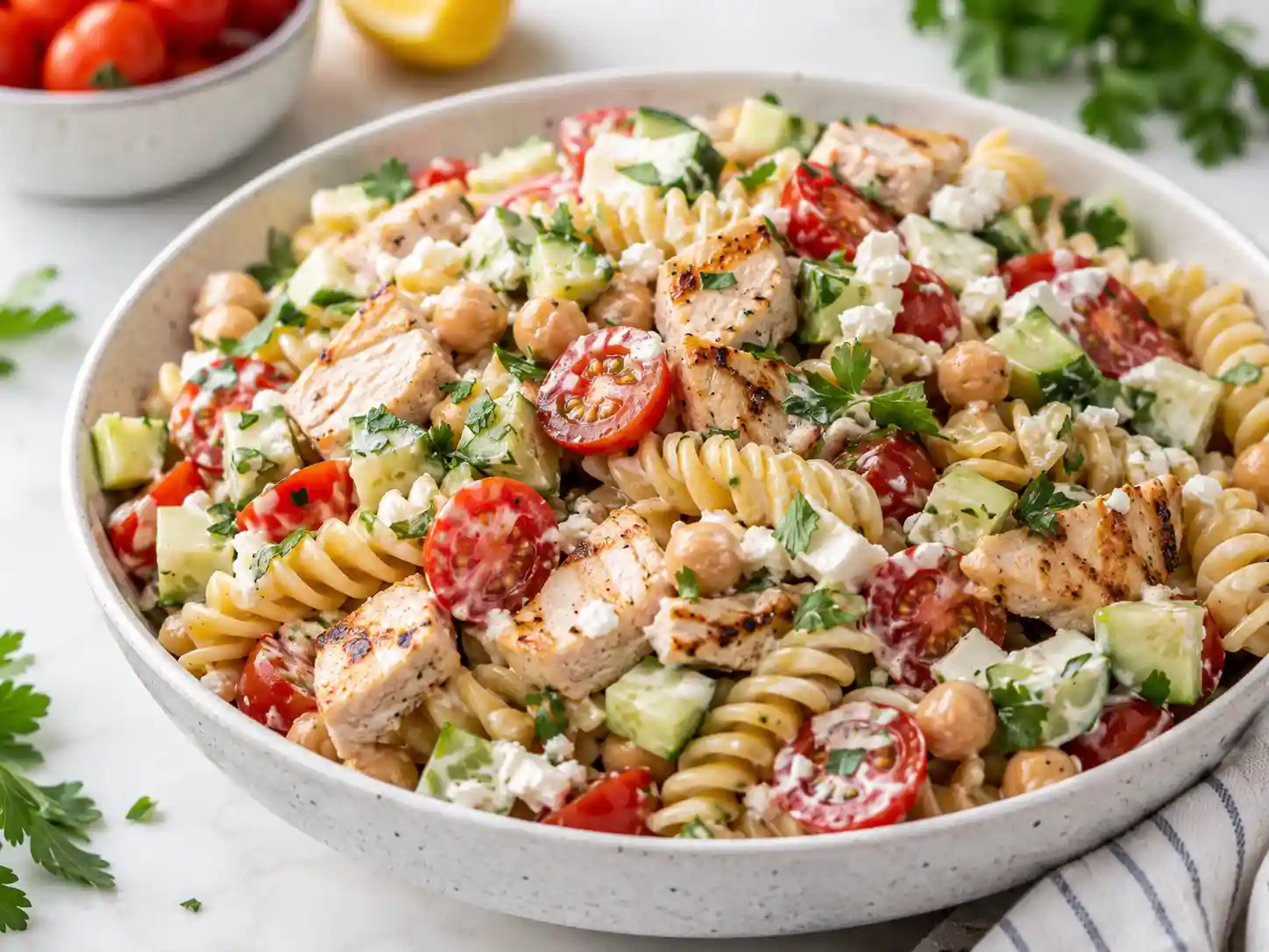 High-protein pasta salad with chicken, pasta, cucumbers, tomatoes, chickpeas, feta, and creamy dressing in a meal prep bowl