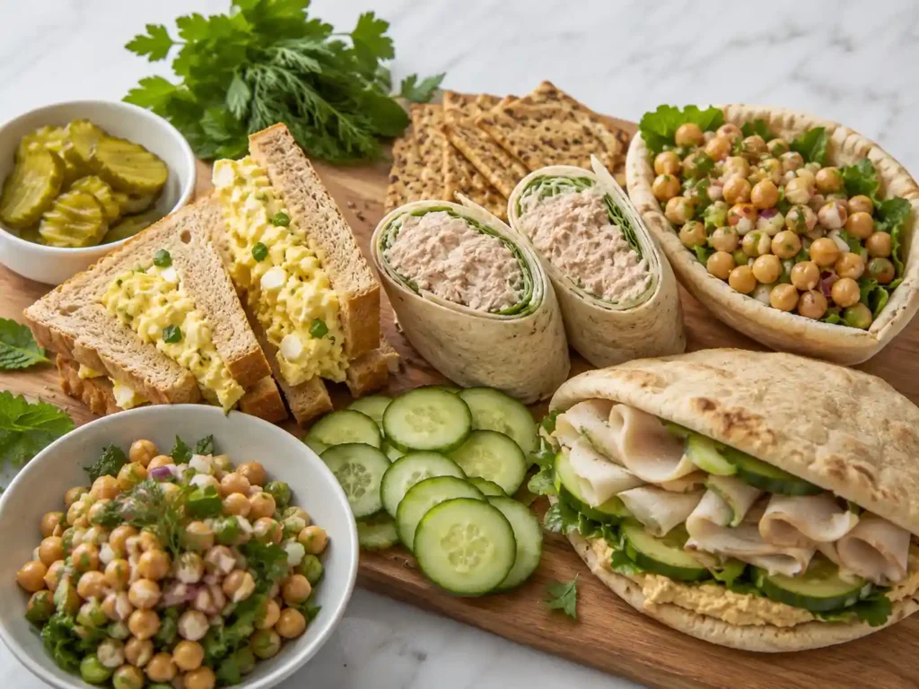 High protein sandwich and wrap lunch ideas with egg salad sandwich, tuna wrap, chickpea pita, turkey hummus pita, crackers, cucumber, and pickles