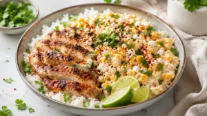 High protein street corn chicken bowl with chicken, rice, creamy corn topping, lime, chili spices, and cilantro