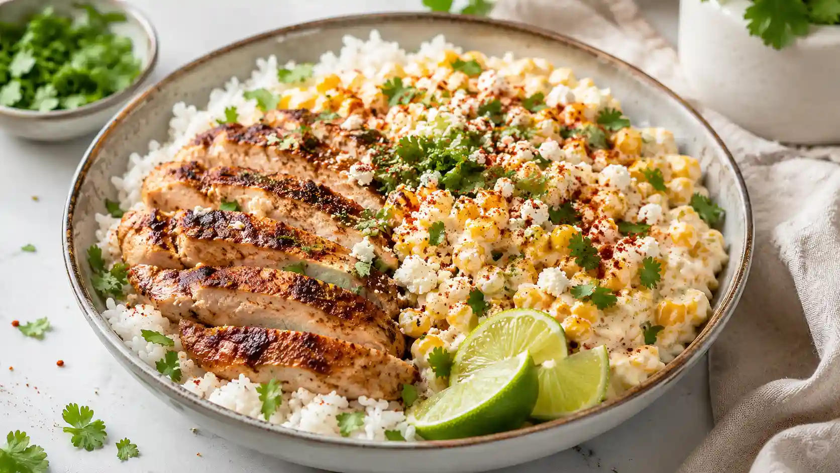 High protein street corn chicken bowl with chicken, rice, creamy corn topping, lime, chili spices, and cilantro