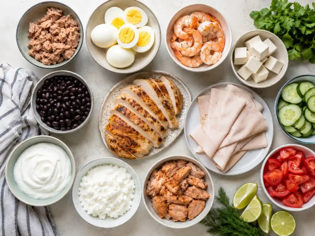 High protein summer meal formula with protein, fresh produce, cool base, sauce, and crunchy topping