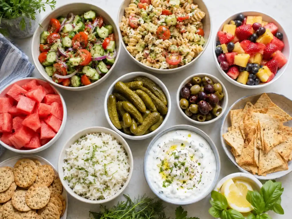 High protein summer meal prep bowls with chicken, tuna pasta salad, tofu noodle bowl, taco bowl, and salmon rice bowl