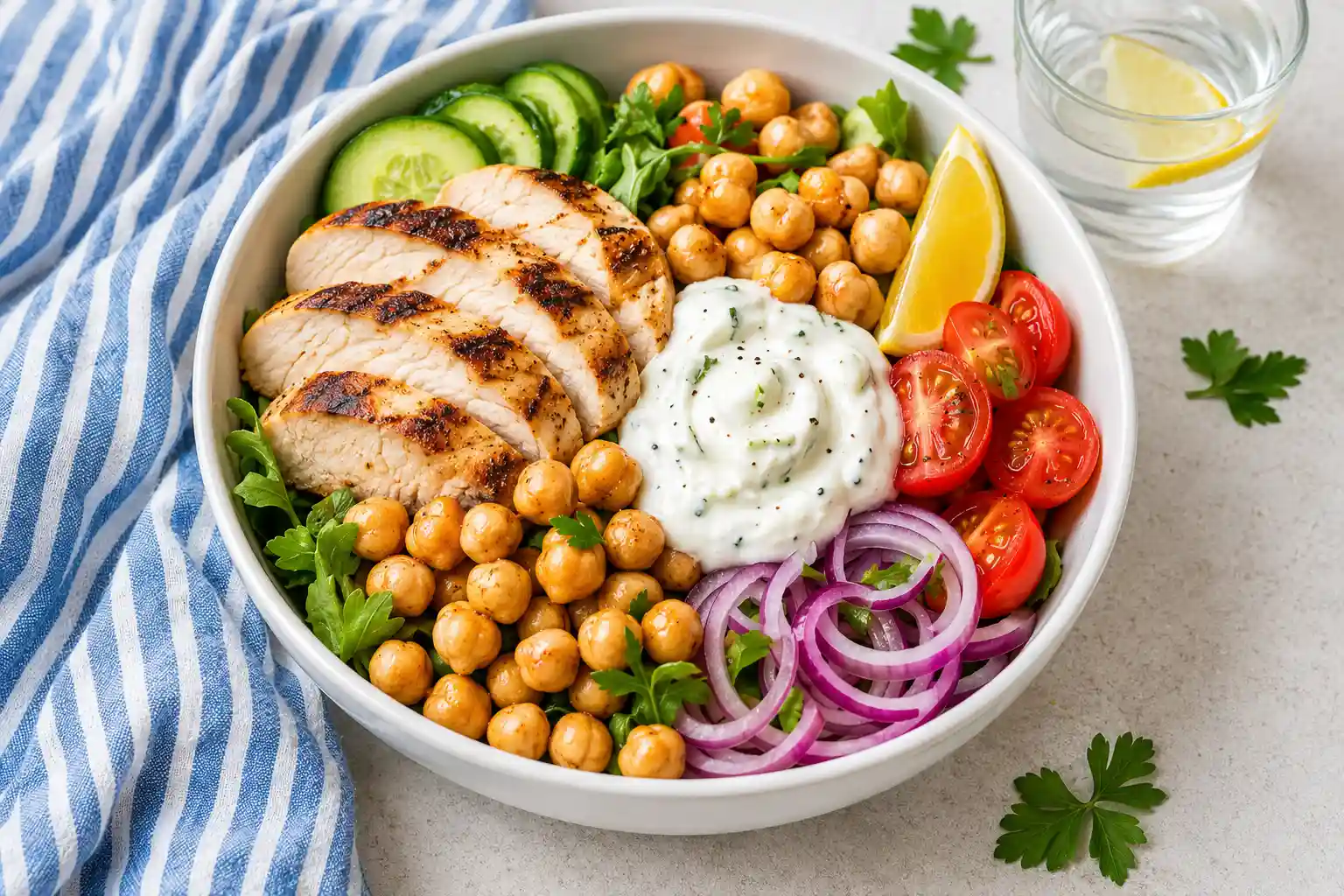 High protein summer meals with chicken bowl, tuna wrap, shrimp salad, egg lettuce cups, tofu noodles, and fresh summer vegetables