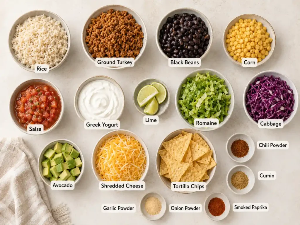Labeled ingredients for high protein taco bowls including rice, ground turkey, black beans, corn, salsa, Greek yogurt, lime,