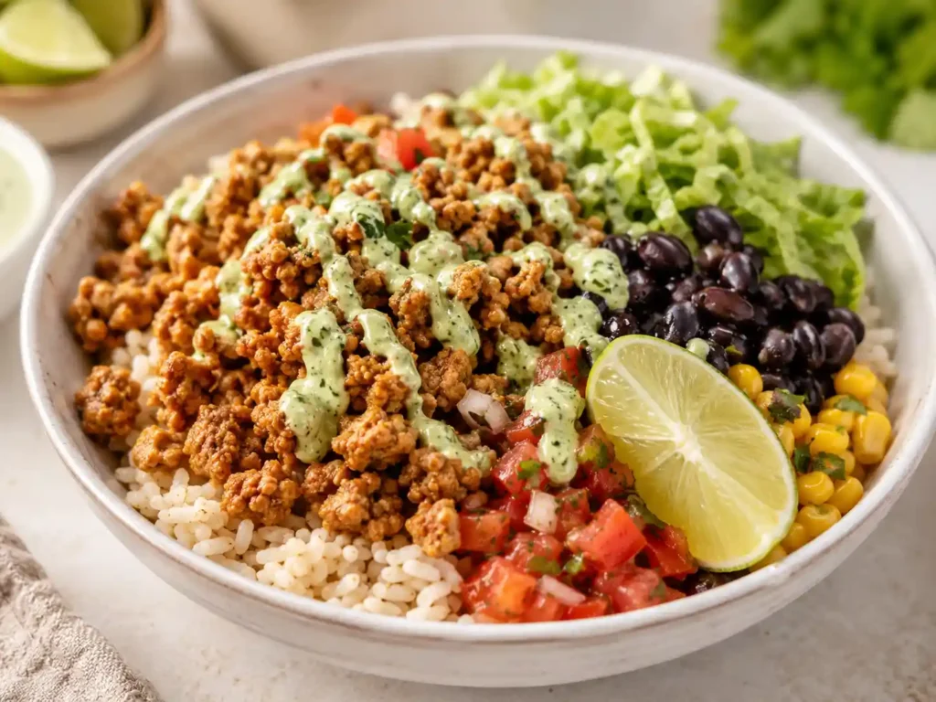 Close-up of a high protein taco bowl with seasoned protein, rice, black beans, corn, salsa, lettuce, and creamy lime sauce.