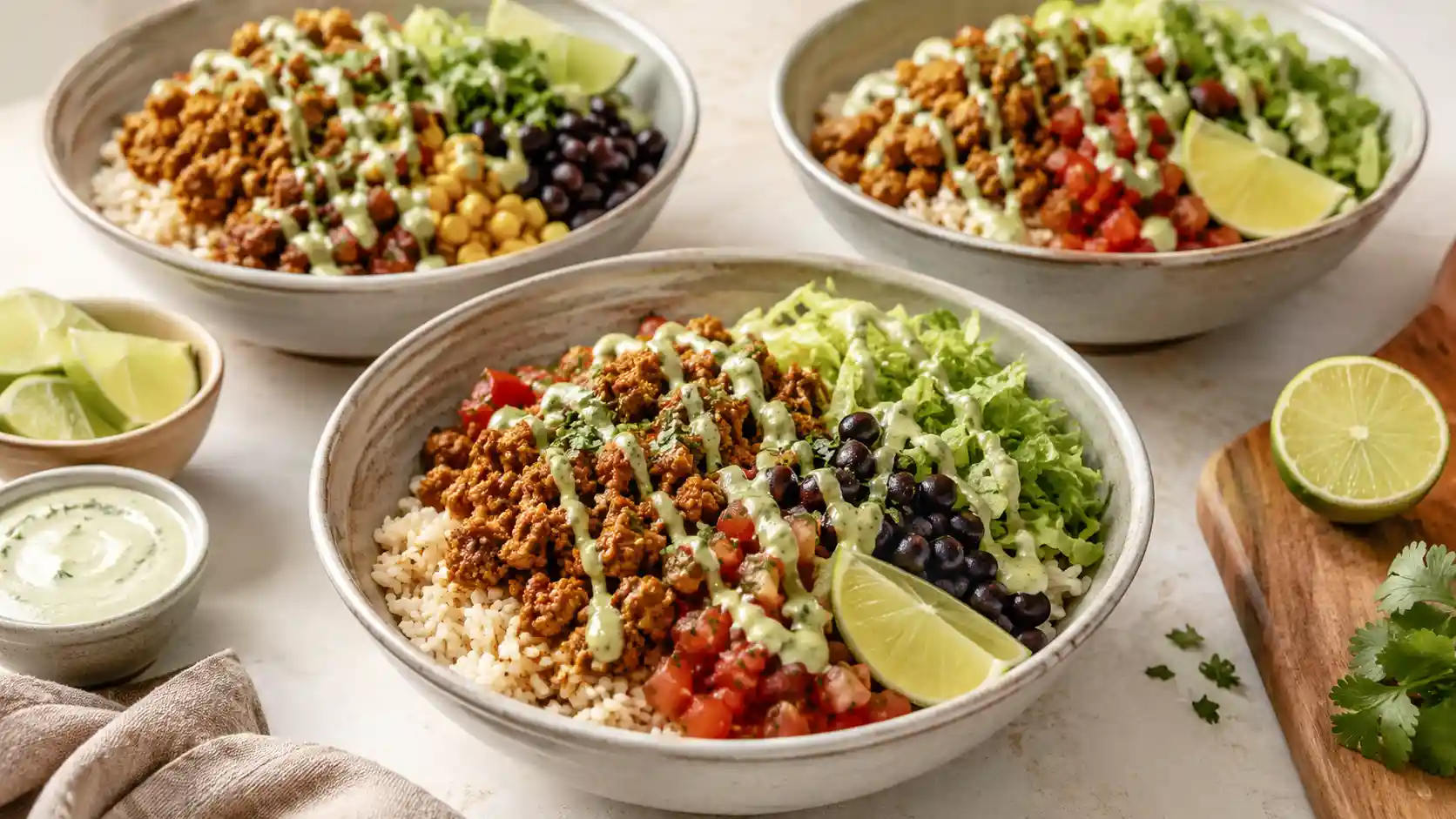 High protein taco bowls with rice, taco-seasoned protein, black beans, corn, salsa, lettuce, lime, and creamy sauce.