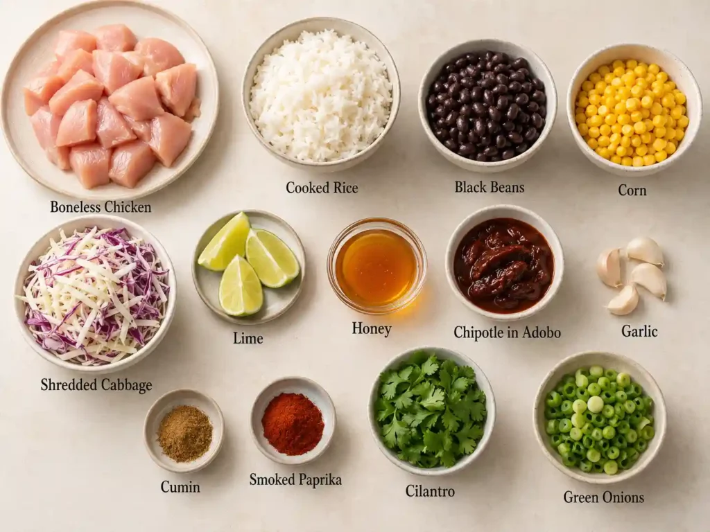 Ingredients for honey chipotle chicken rice bowls including chicken, rice, beans, corn, lime, honey, and chipotle peppers.