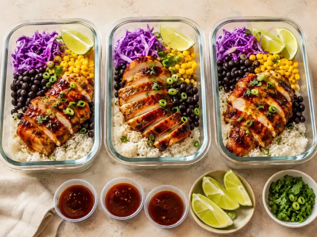 Meal prep containers with honey chipotle chicken, rice, black beans, corn, cabbage, lime, and sauce cups.