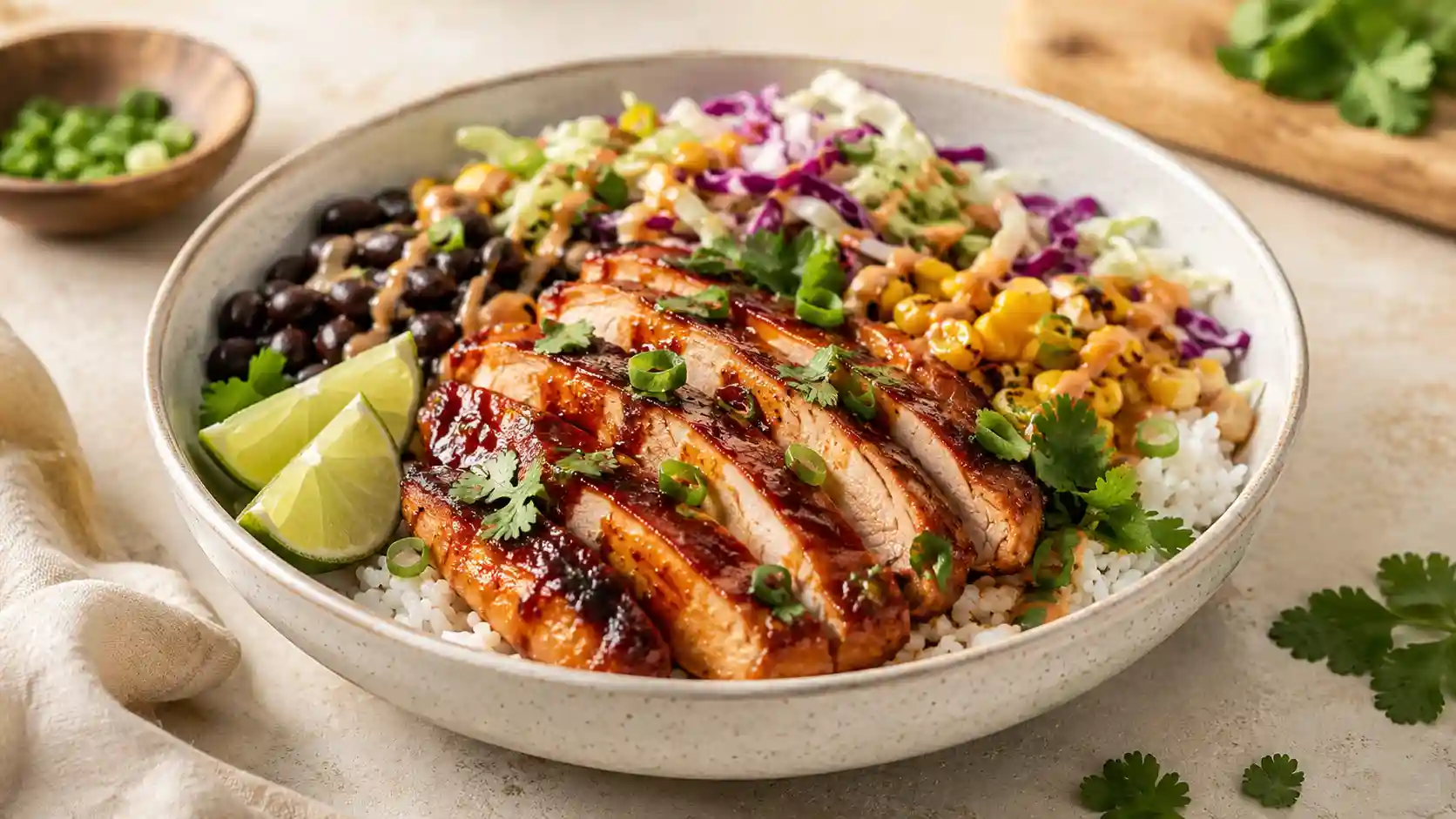 Honey chipotle chicken rice bowl with rice, black beans, corn, cabbage, lime, and sliced chicken.