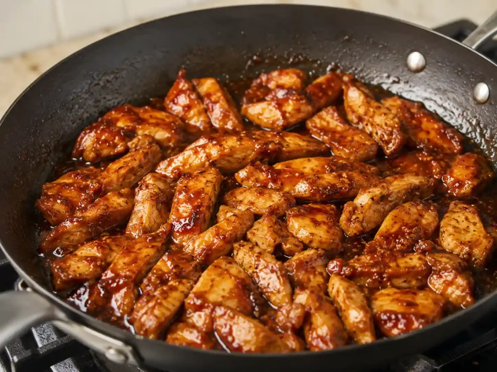 Honey chipotle chicken cooking in a skillet with a glossy smoky glaze.
Caption: Cook the chicken until browned, glazed, and cooked through.