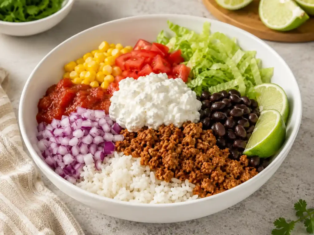 Cottage cheese taco bowl being assembled with rice, taco meat, beans, salsa, lettuce, tomato, corn, and lime.