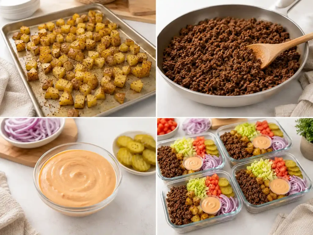 Step-by-step burger bowl meal prep process showing roasted potatoes, cooked ground beef, burger sauce, and fresh toppings.
