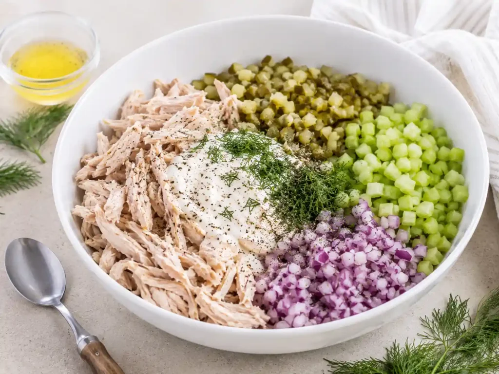 Mixing bowl with cooked chicken, Greek yogurt dressing, dill pickles, celery, and red onion for dill pickle chicken salad.